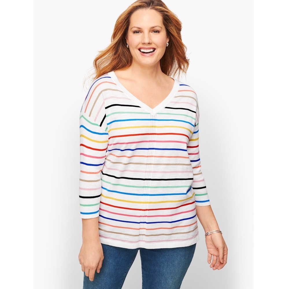 Talbots Womens Rainbow Stripe Sweater M V Neck White Colorful Lightweight Cotton